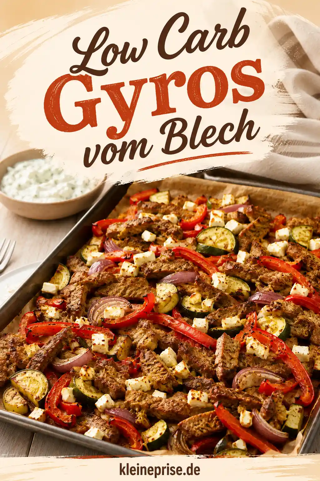 Low Carb Gyros vom Blech Pinterest Rezeptbild Pinterest Grafik für Low Carb Gyros vom Blech mit Fleisch, Gemüse, Feta und Rezepttitel