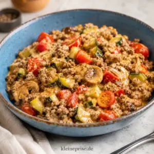 Low Carb Hackfleisch-Gemüse-Pfanne einfach und cremig Low Carb Hackfleisch Gemüse Pfanne mit Zucchini, Champignons, Paprika und Tomaten in cremiger Frischkäse Sauce
