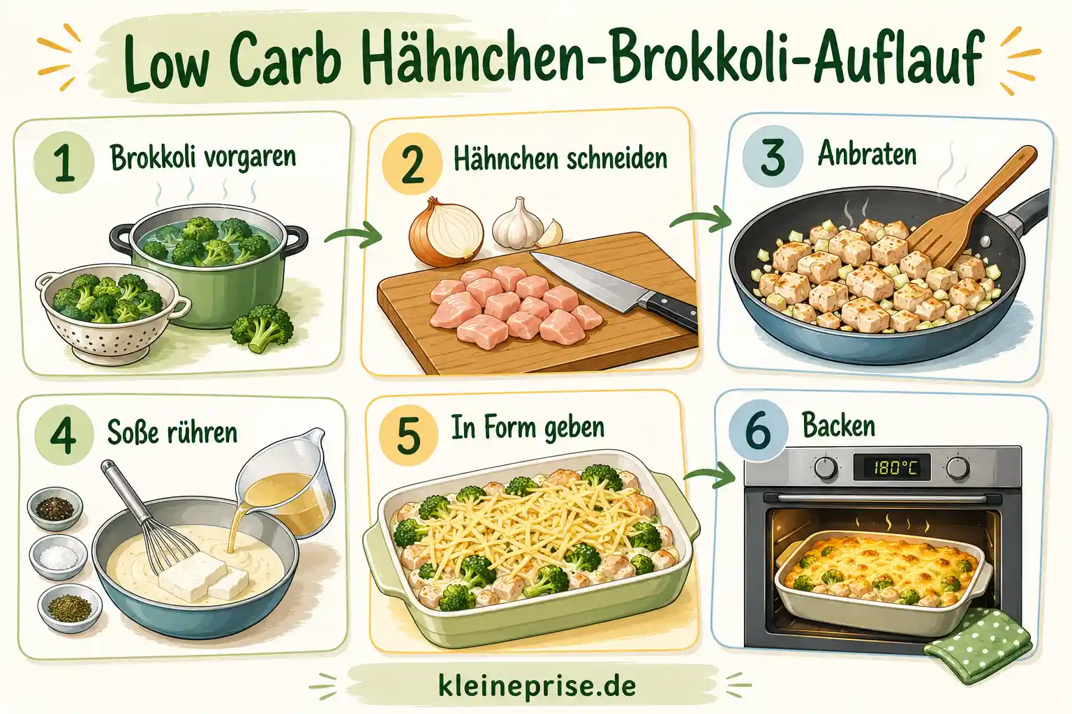 Low Carb Hähnchen Brokkoli Auflauf Schritt für Schritt Schritt für Schritt Grafik für Low Carb Hähnchen Brokkoli Auflauf mit Brokkoli vorgaren Hähnchen schneiden anbraten Soße rühren in Form geben und backen