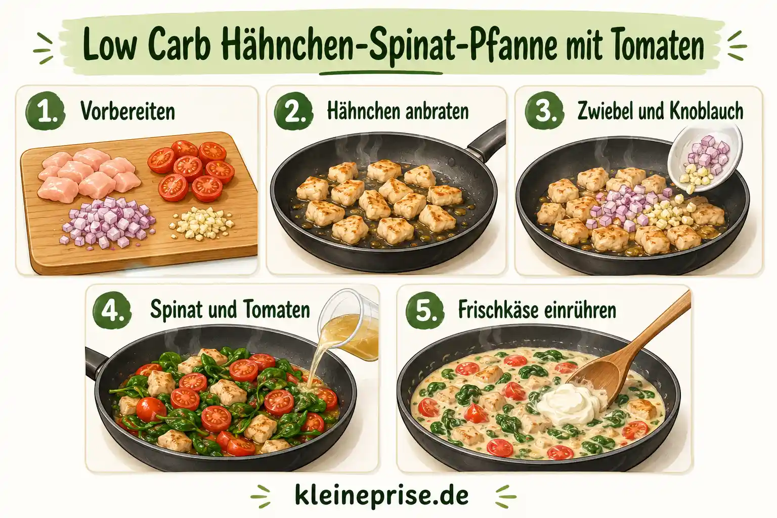 Low Carb Hähnchen-Spinat-Pfanne mit Tomaten Schritt für Schritt Schritt für Schritt Grafik für Low Carb Hähnchen-Spinat-Pfanne mit Tomaten
