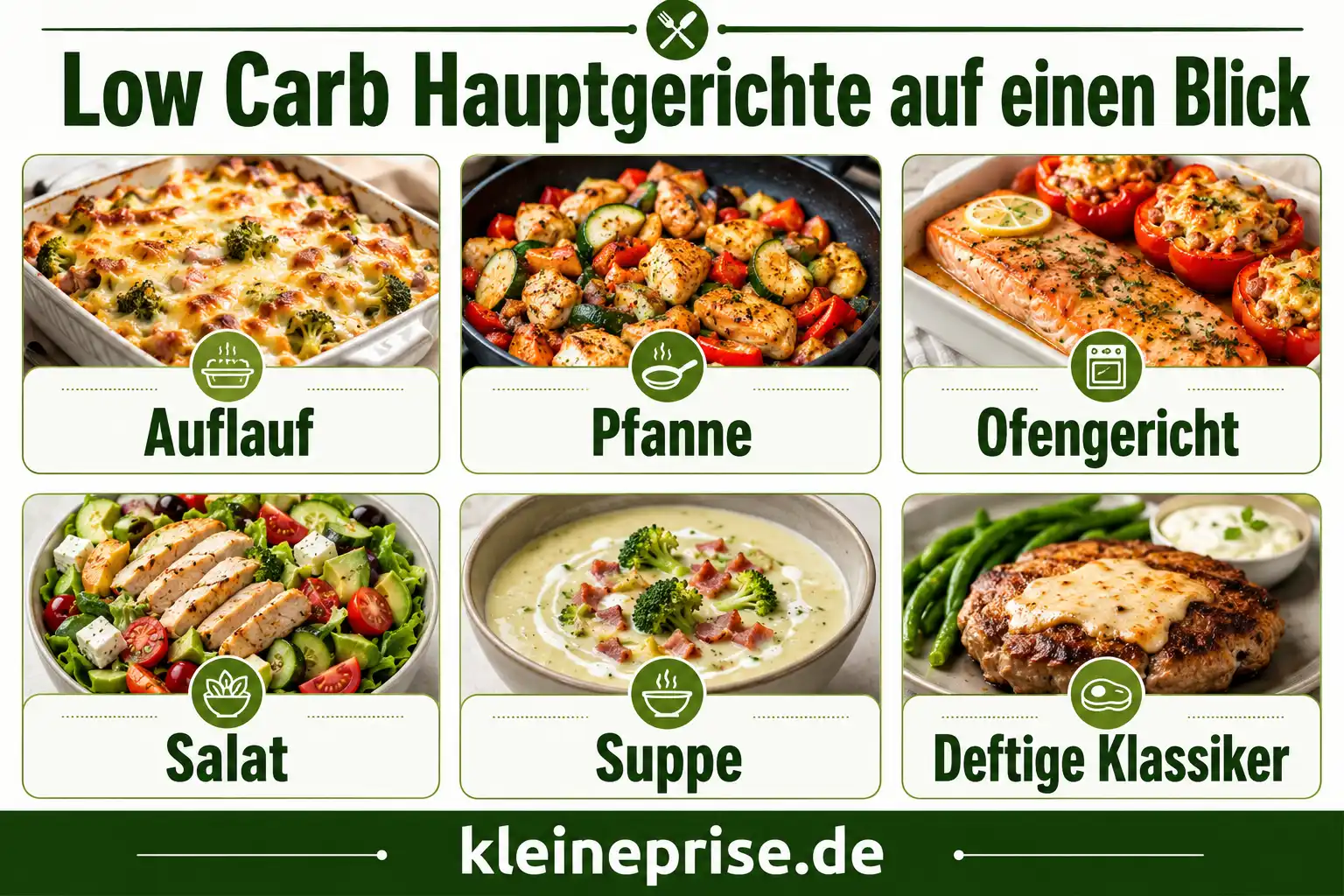 Low Carb Hauptgerichte auf einen Blick Infografik Low Carb Hauptgerichte auf einen Blick mit Auflauf, Pfanne, Ofengericht, Salat, Suppe und deftigen Klassikern