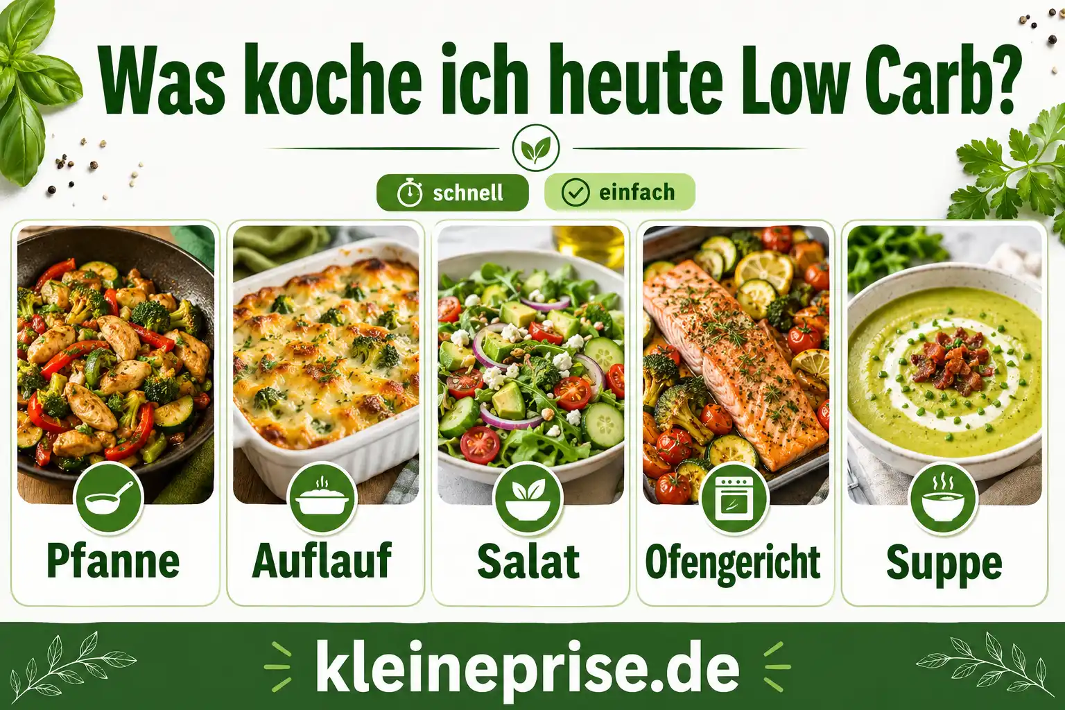 Was koche ich heute Low Carb? Infografik Was koche ich heute Low Carb mit schnellen Ideen für Pfanne, Auflauf, Salat, Ofengericht und Suppe