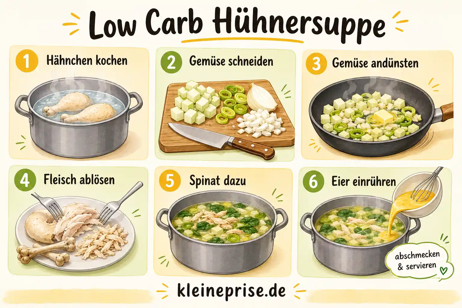 Low Carb Hühnersuppe Schritt für Schritt Schritt für Schritt Grafik für Low Carb Hühnersuppe mit Hähnchen kochen, Gemüse schneiden, andünsten, Fleisch ablösen, Spinat zugeben und Eier einrühren