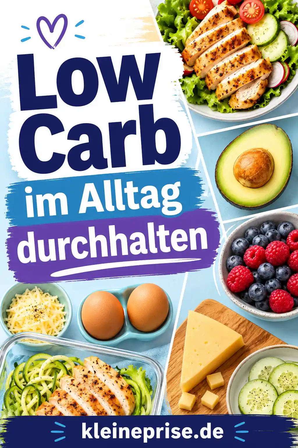 Low Carb im Alltag durchhalten Pinterest Pin Pinterest-Grafik mit dem Schriftzug Low Carb im Alltag durchhalten, passenden Low-Carb-Lebensmitteln und dem Webseitennamen kleineprise.de.