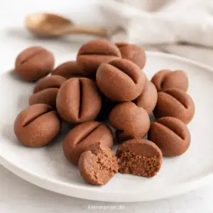 Low Carb Kaffee Fat Bombs einfach selber machen Low Carb Kaffee Fat Bombs in Form kleiner Kaffeebohnen auf einem hellen Teller
