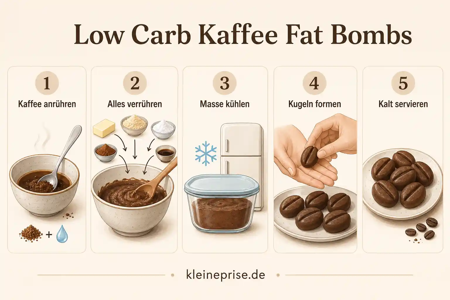 Low Carb Kaffee Fat Bombs Schritt für Schritt Anleitung Fünf Schritte für Low Carb Kaffee Fat Bombs vom Anrühren des Kaffees bis zum gekühlten Servieren