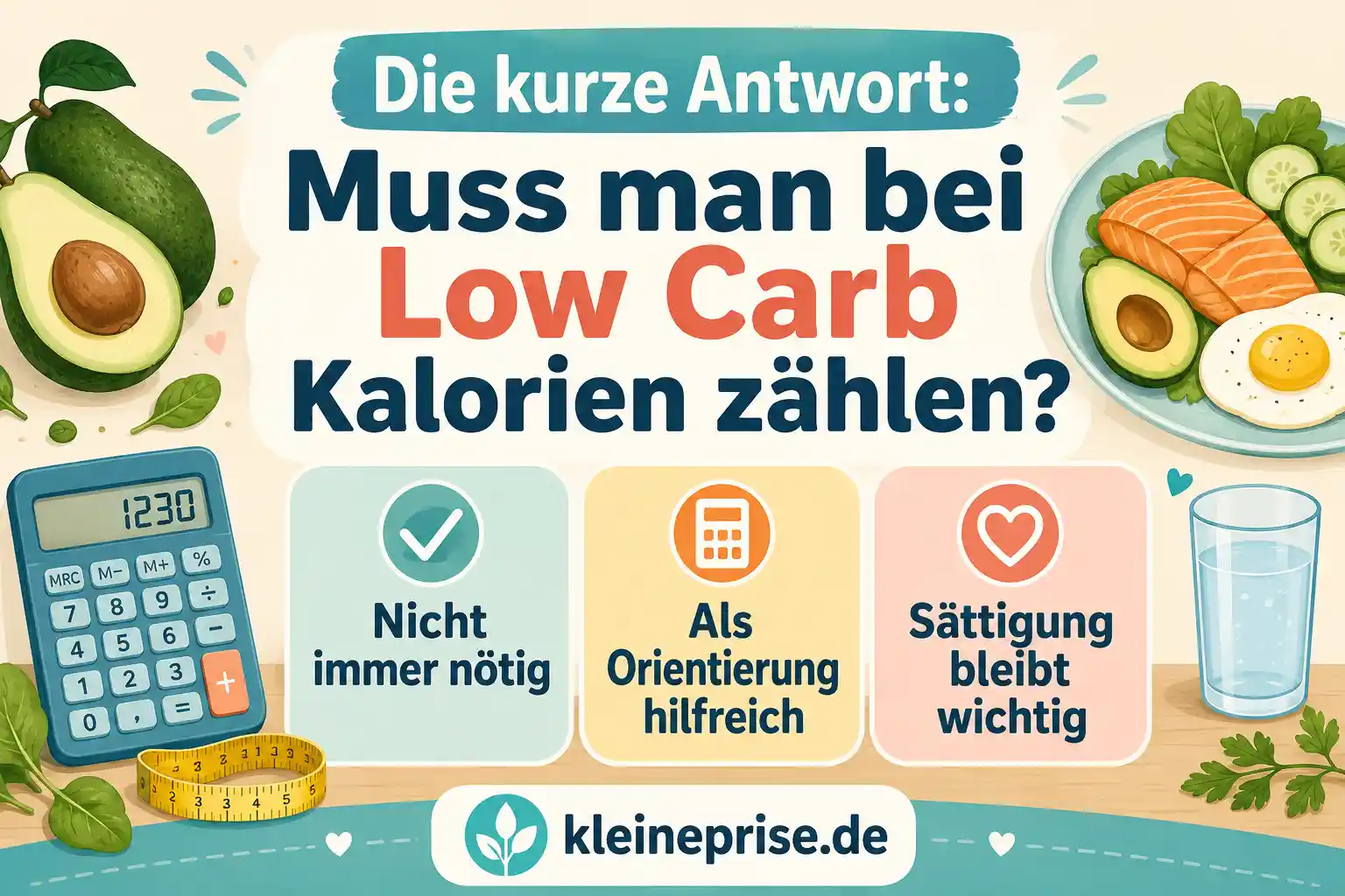 Die kurze Antwort: Muss man bei Low Carb Kalorien zählen? Infografik zur Frage, ob man bei Low Carb Kalorien zählen muss, mit drei einfachen Kernaussagen.