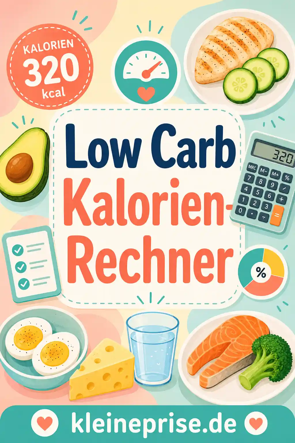 Low Carb Kalorien-Rechner Pinterest Pin Pinterest-Grafik mit dem Schriftzug Low Carb Kalorien-Rechner, Rechner-Symbol, Low-Carb-Lebensmitteln und dem Webseitennamen kleineprise.de.