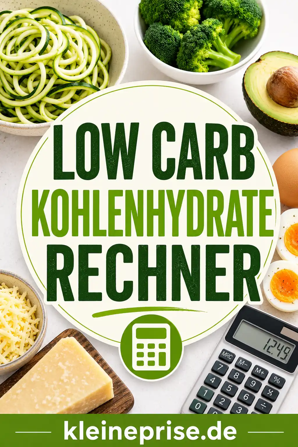 Low Carb Kohlenhydrate Rechner Pinterest Bild Pinterest-Grafik zum Low Carb Kohlenhydrate Rechner mit auffälliger Überschrift und Low Carb Zutaten
