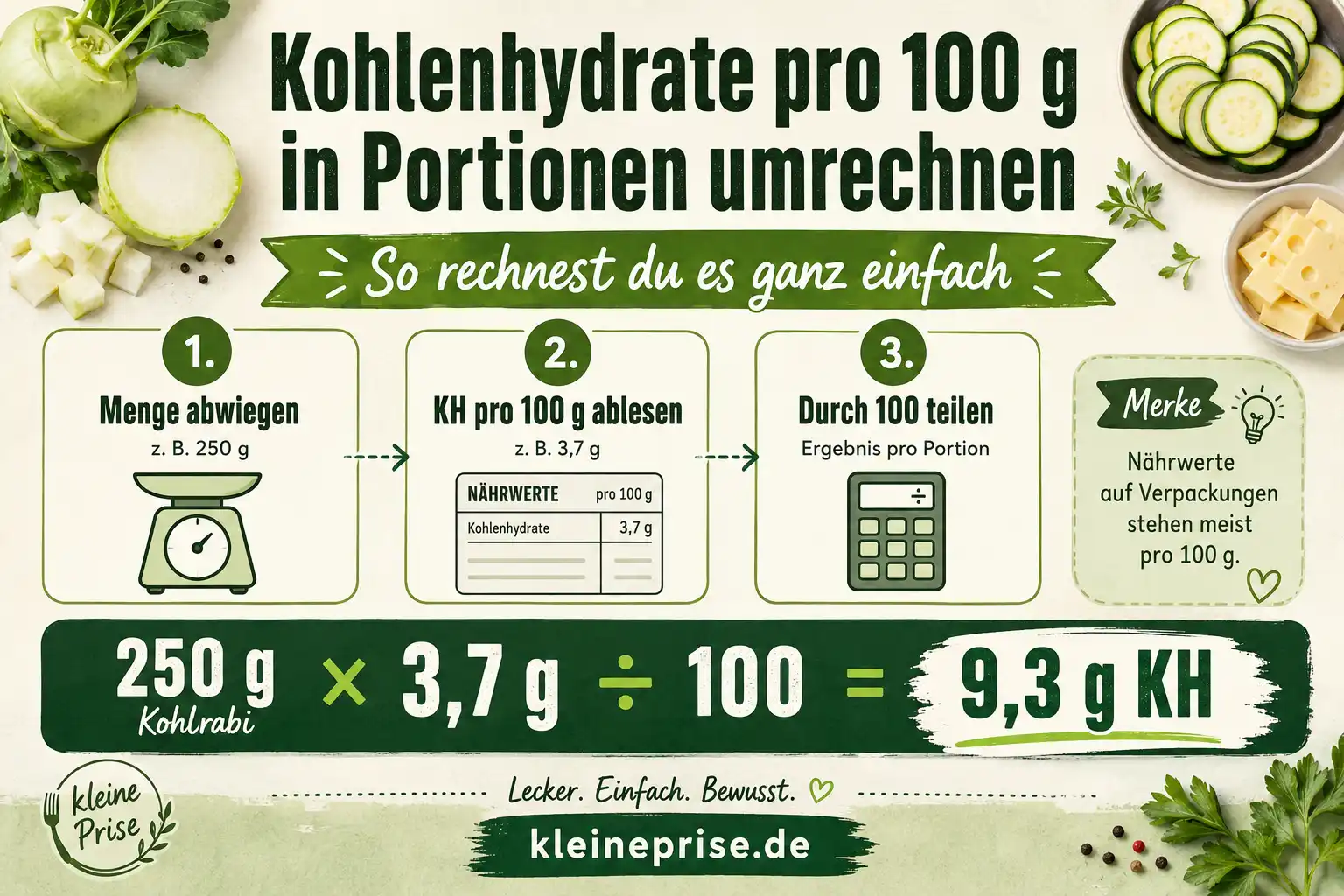 Kohlenhydrate pro 100 g in Portionen umrechnen Infografik zur Umrechnung von Kohlenhydraten pro 100 g auf eine Portion