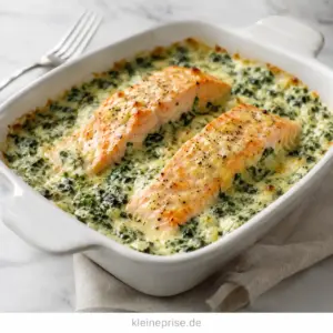 Low Carb Lachs-Spinat-Auflauf – cremig, einfach und sättigend Low Carb Lachs Spinat Auflauf mit cremiger Spinatsoße und Lachsfilet in weißer Auflaufform