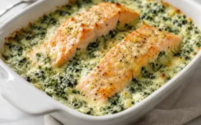 Einfache Rezepte und Spielideen für Kinder Low Carb Lachs-Spinat-Auflauf – cremig, einfach und sättigend