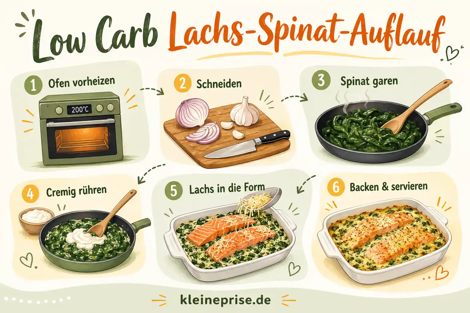 Low Carb Lachs Spinat Auflauf Schritt für Schritt Schritt für Schritt Grafik für Low Carb Lachs Spinat Auflauf mit sechs einfachen Zubereitungsschritten