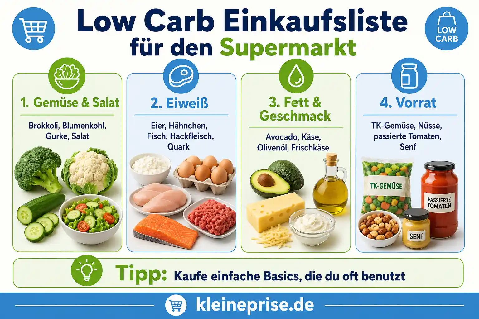 Low Carb Einkaufsliste für den Supermarkt Infografik zeigt eine Low Carb Einkaufsliste für den Supermarkt mit Gemüse, Eiweiß, Fett, Geschmack und Vorratsprodukten.