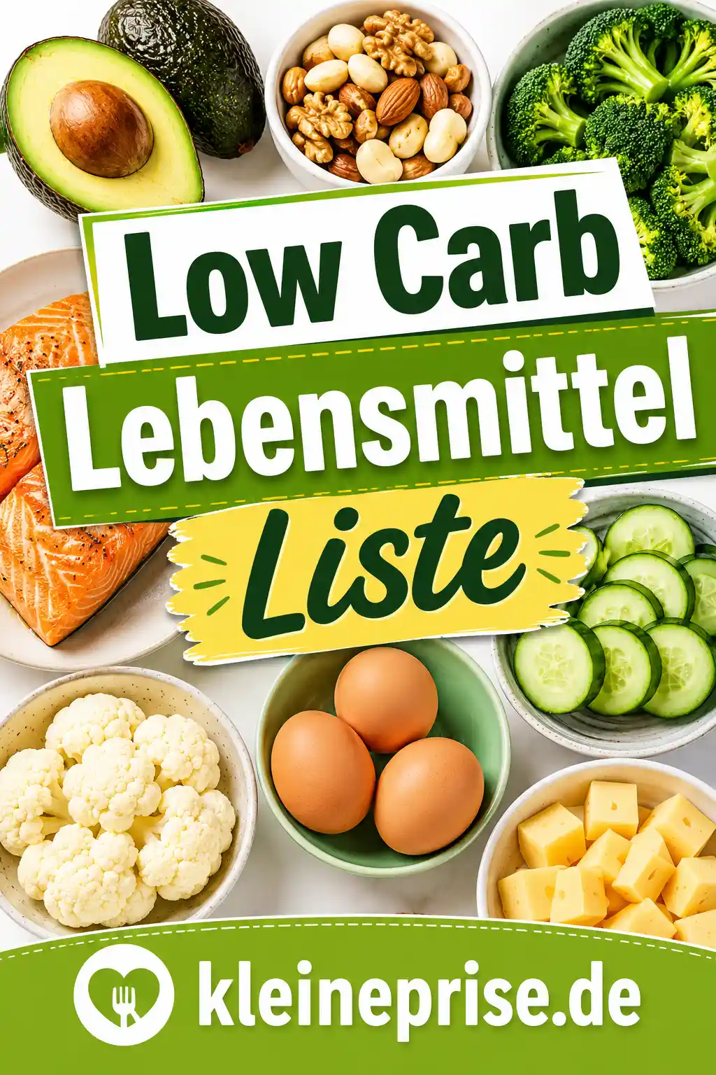 Low Carb Lebensmittel Liste Pinterest Pin Pinterest-Grafik mit dem Schriftzug Low Carb Lebensmittel Liste, passenden Low-Carb-Lebensmitteln und dem Webseitennamen kleineprise.de.