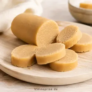 Low Carb Marzipan selber machen mit nur 4 Zutaten Low Carb Marzipan als Rolle mit mehreren Scheiben auf einem hellen Holzbrett
