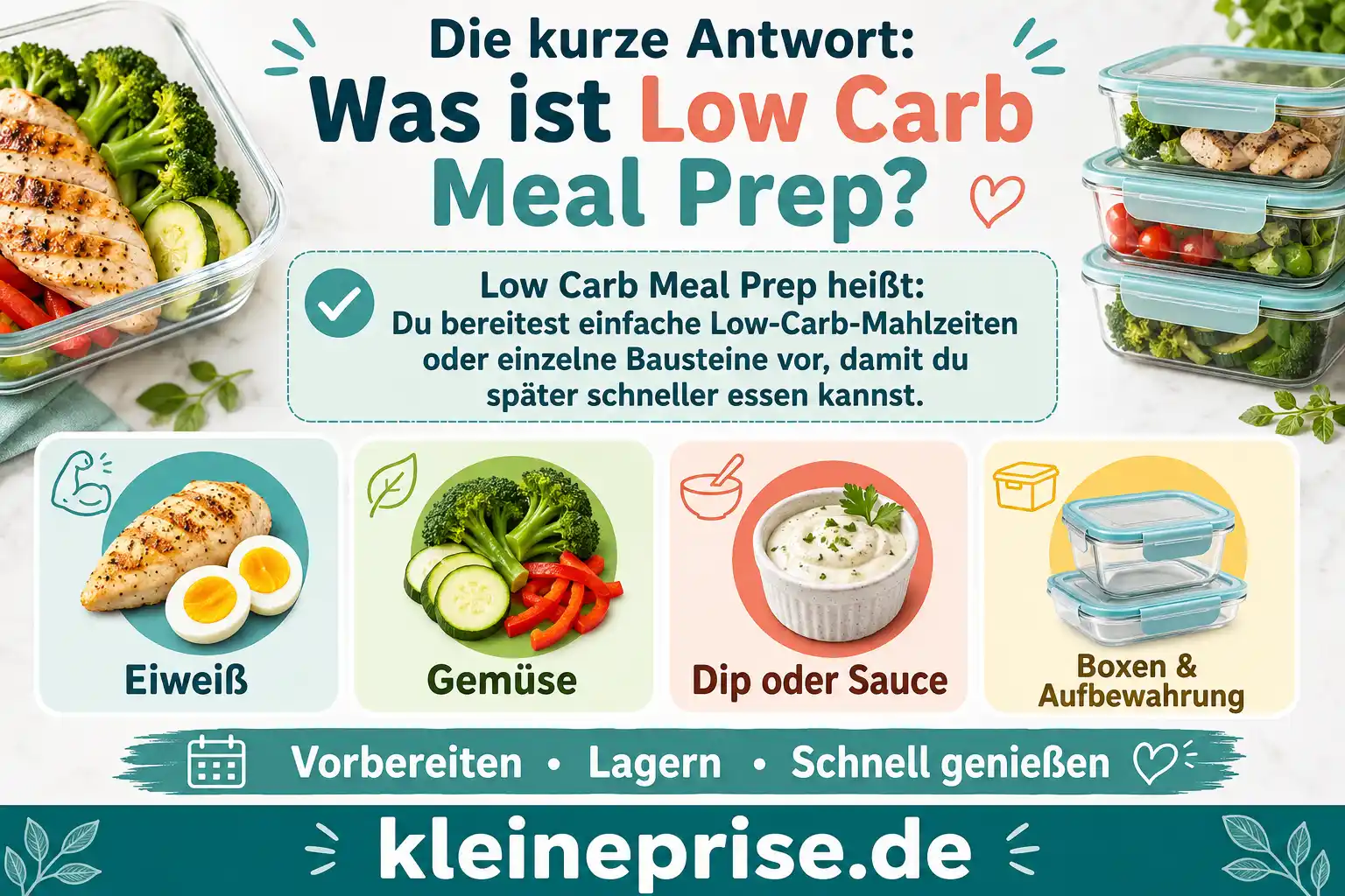Die kurze Antwort: Was ist Low Carb Meal Prep? Infografik erklärt kurz, was Low Carb Meal Prep ist: einfache Low-Carb-Mahlzeiten oder einzelne Bausteine vorbereiten, lagern und später schneller essen.