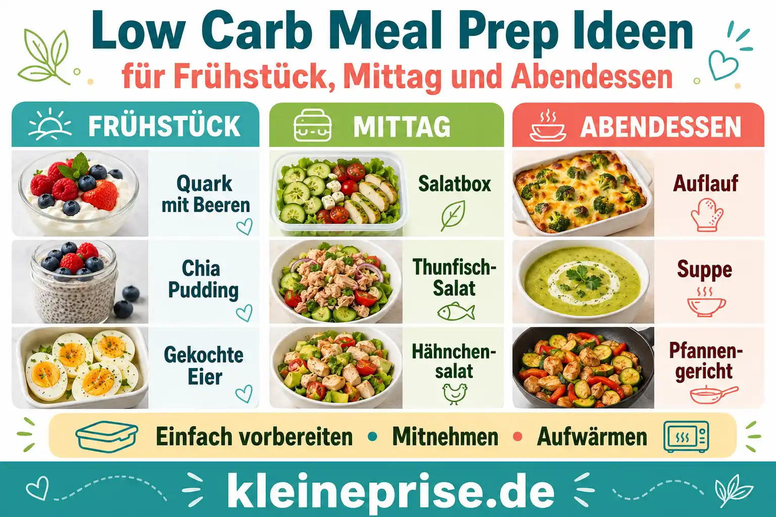 Low Carb Meal Prep Ideen für Frühstück, Mittag und Abendessen Infografik zeigt Low Carb Meal Prep Ideen für Frühstück, Mittag und Abendessen mit Quark, Chia Pudding, gekochten Eiern, Salatboxen, Auflauf, Suppe und Pfannengericht.