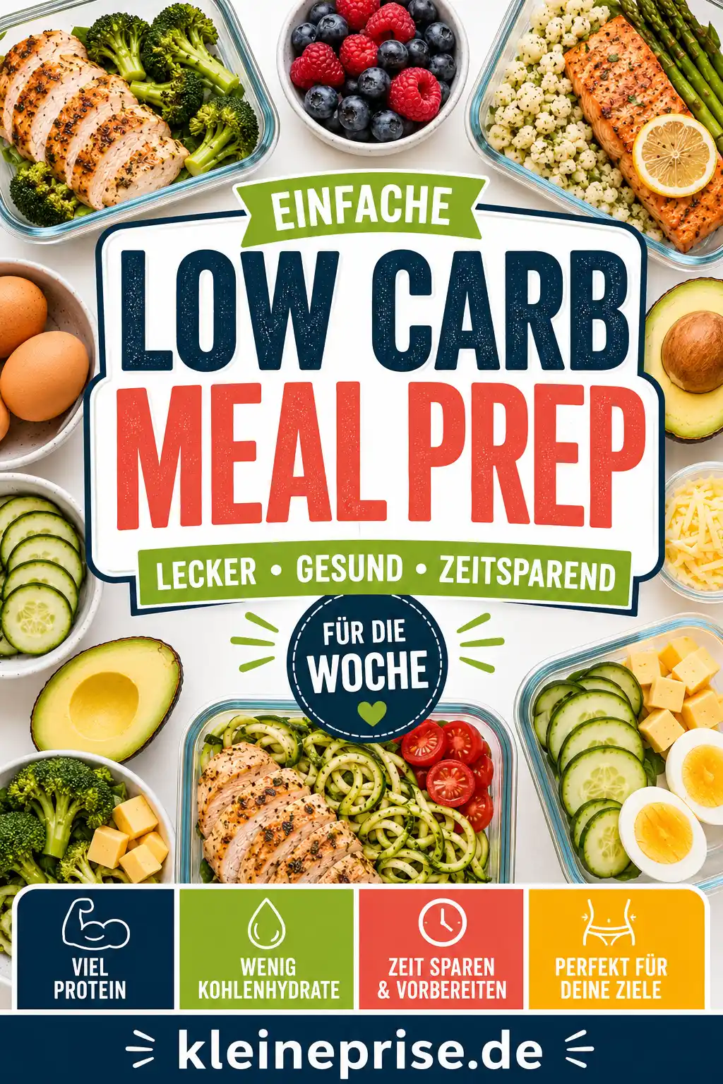 Low Carb Meal Prep Pinterest Pin Pinterest-Grafik mit dem Schriftzug Low Carb Meal Prep, vorbereiteten Low-Carb-Mahlzeiten in Boxen und dem Webseitennamen kleineprise.de.