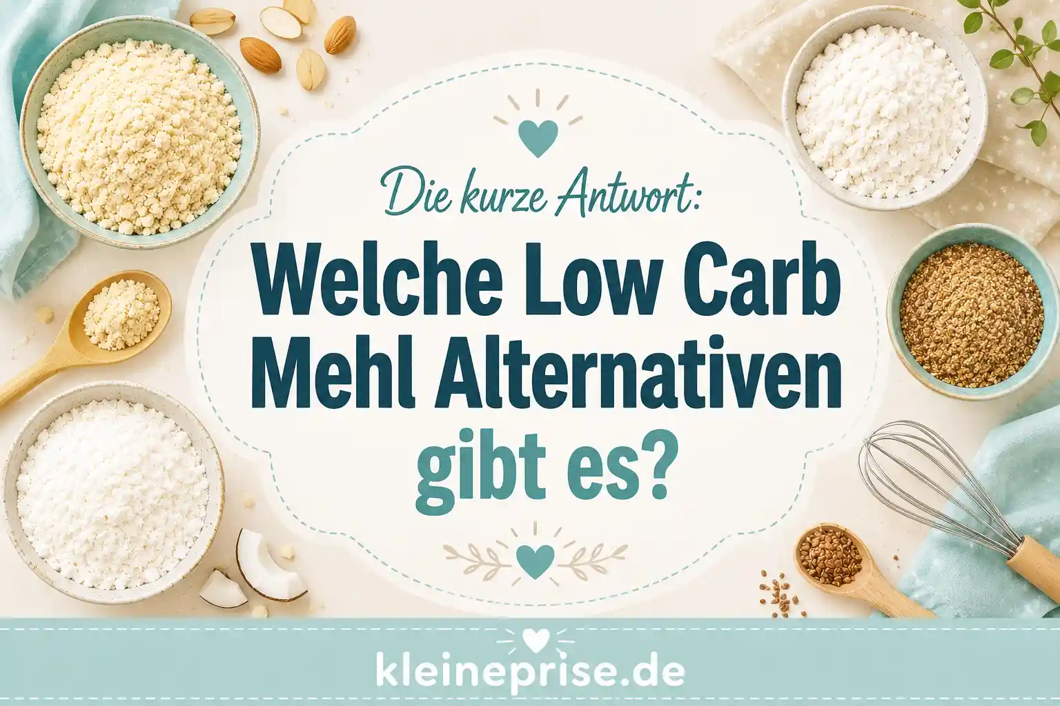 Welche Low Carb Mehl Alternativen gibt es? Infografik zeigt verschiedene Low Carb Mehl Alternativen wie Mandelmehl, Kokosmehl, Leinsamenmehl und weitere kohlenhydratarme Backzutaten.