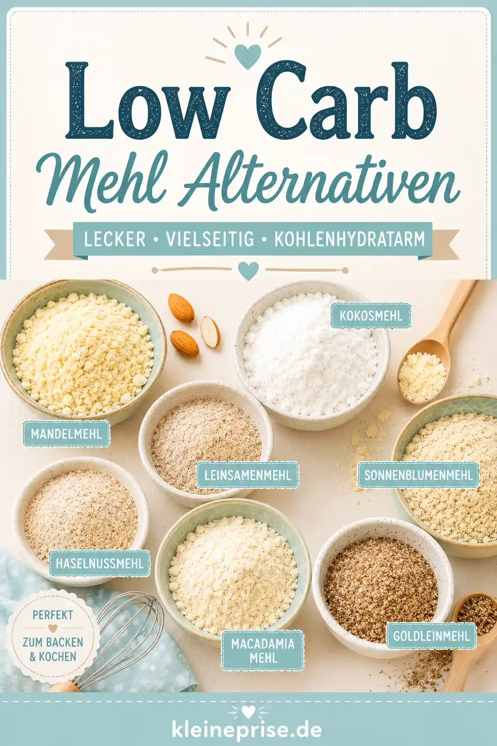 Low Carb Mehl Alternativen Pinterest Pin Pinterest-Grafik mit dem Schriftzug Low Carb Mehl Alternativen, verschiedenen Mehl-Alternativen in Schalen, Backutensilien und dem Webseitennamen kleineprise.de.