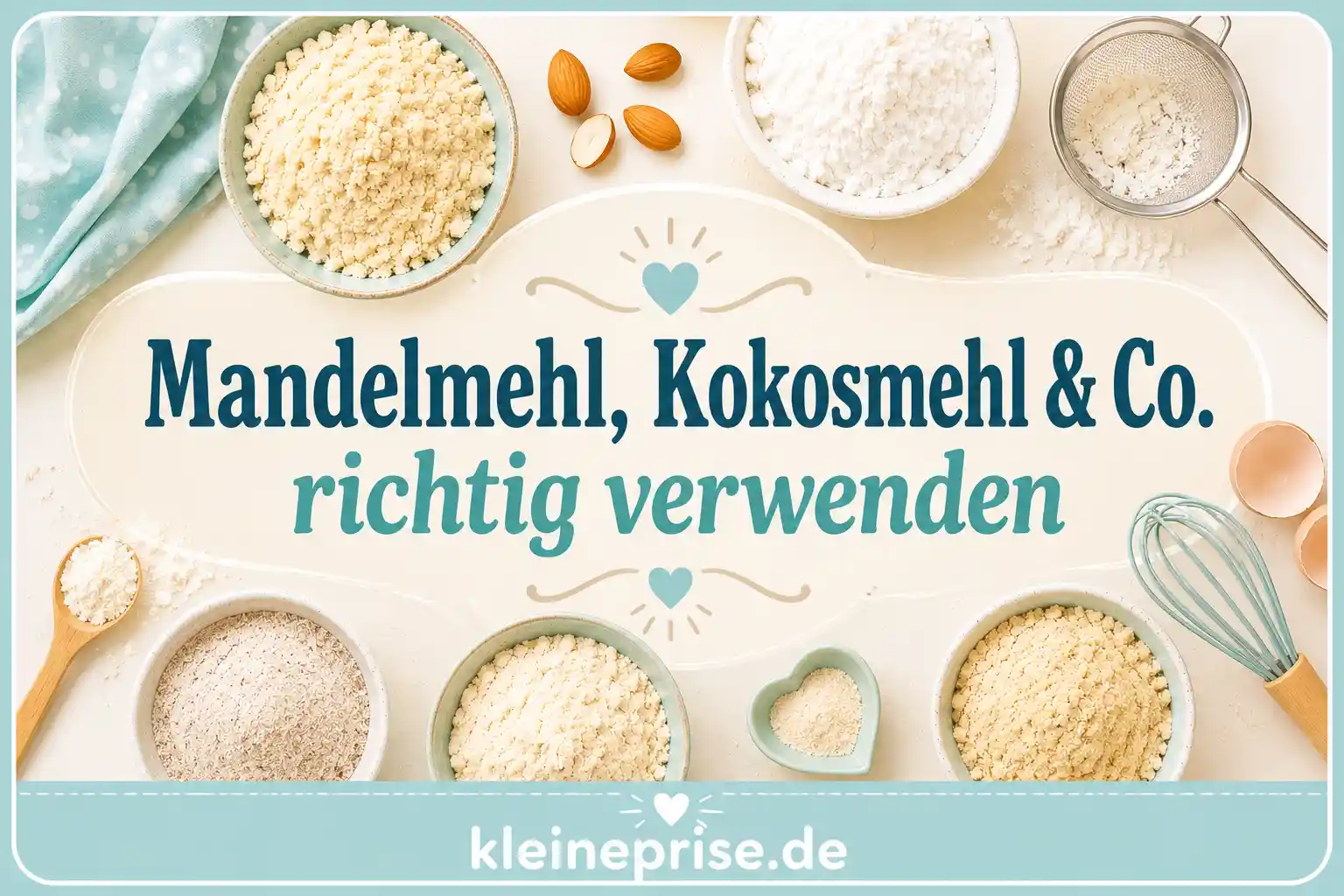 Mandelmehl Kokosmehl und Co richtig verwenden Infografik zeigt Mandelmehl, Kokosmehl und weitere Low-Carb-Mehle mit Backutensilien als praktische Hilfe zum richtigen Verwenden.