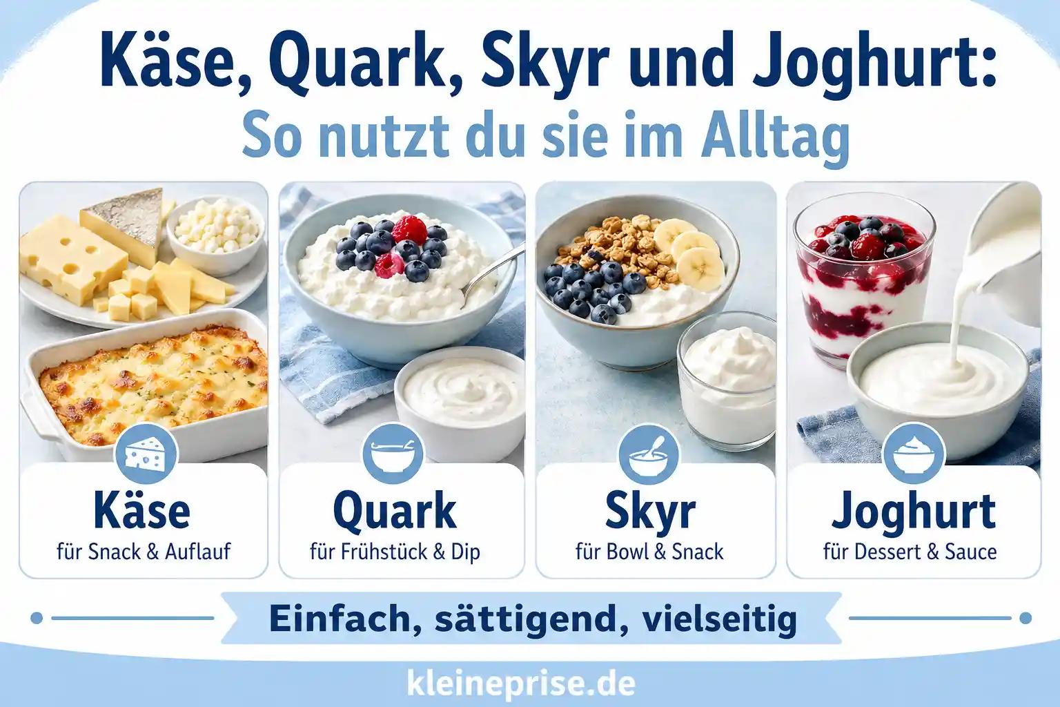 Käse, Quark, Skyr und Joghurt bei Low Carb nutzen Infografik zeigt, wie Käse, Quark, Skyr und Joghurt bei Low Carb im Alltag genutzt werden können.