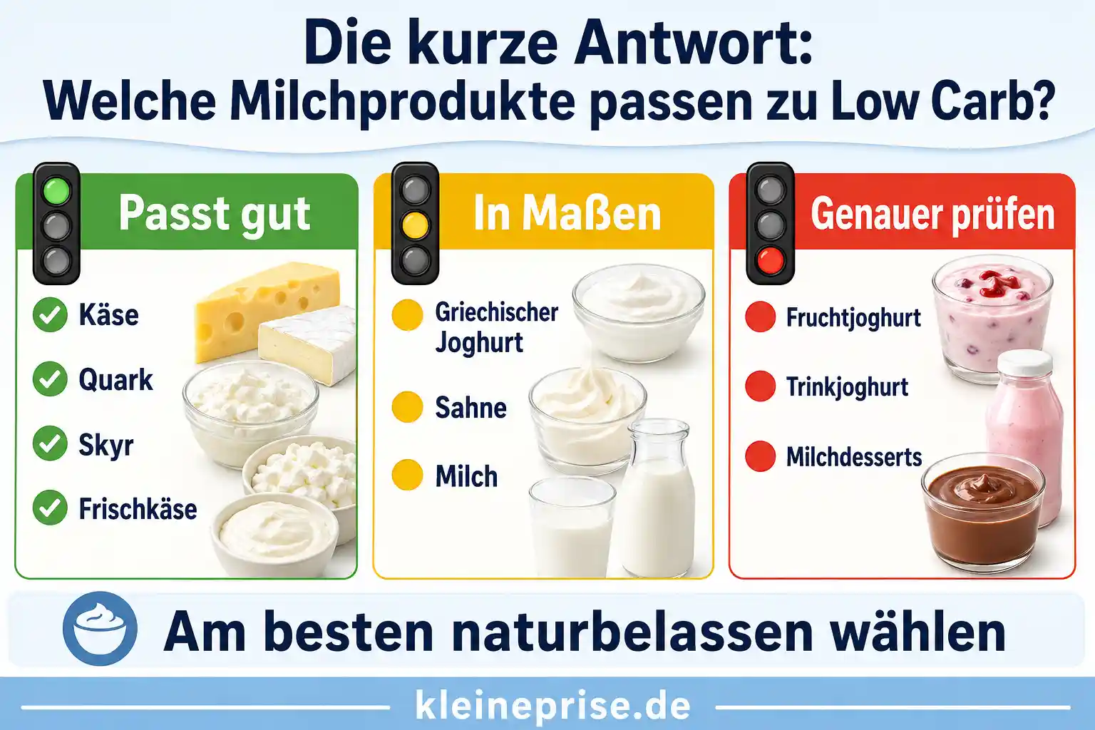Die kurze Antwort: Welche Milchprodukte passen zu Low Carb? Infografik erklärt, welche Milchprodukte zu Low Carb passen, welche in Maßen geeignet sind und welche genauer geprüft werden sollten.