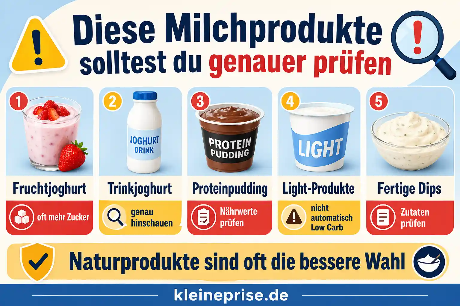 Diese Milchprodukte solltest du bei Low Carb genauer prüfen Infografik zeigt Milchprodukte, die bei Low Carb genauer geprüft werden sollten, darunter Fruchtjoghurt, Trinkjoghurt, Proteinpudding, Light-Produkte und fertige Dips.