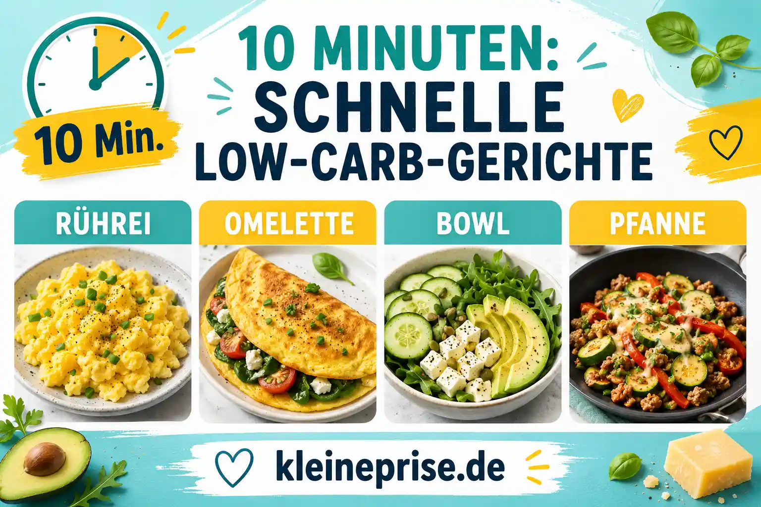 10 Minuten: schnelle Low-Carb-Gerichte Infografik zeigt schnelle Low-Carb-Gerichte in 10 Minuten wie Rührei, Omelette, Bowl und Pfanne.