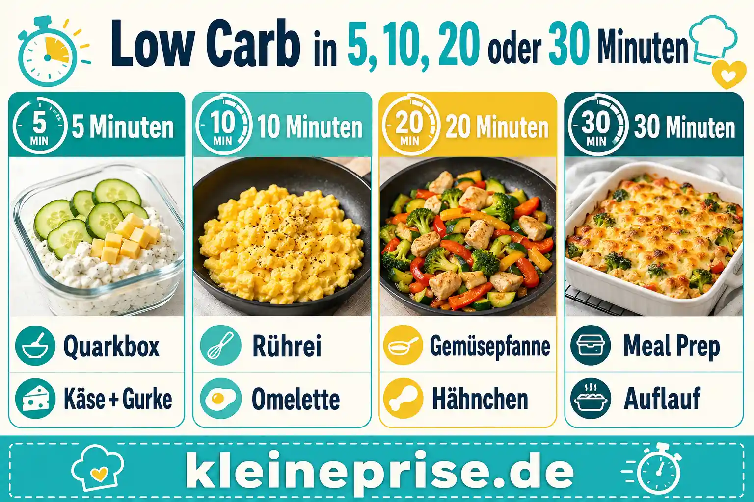 Low Carb in 5, 10, 20 oder 30 Minuten Infografik mit schnellen Low-Carb-Ideen für 5, 10, 20 oder 30 Minuten wie Quarkbox, Rührei, Gemüsepfanne und Meal Prep