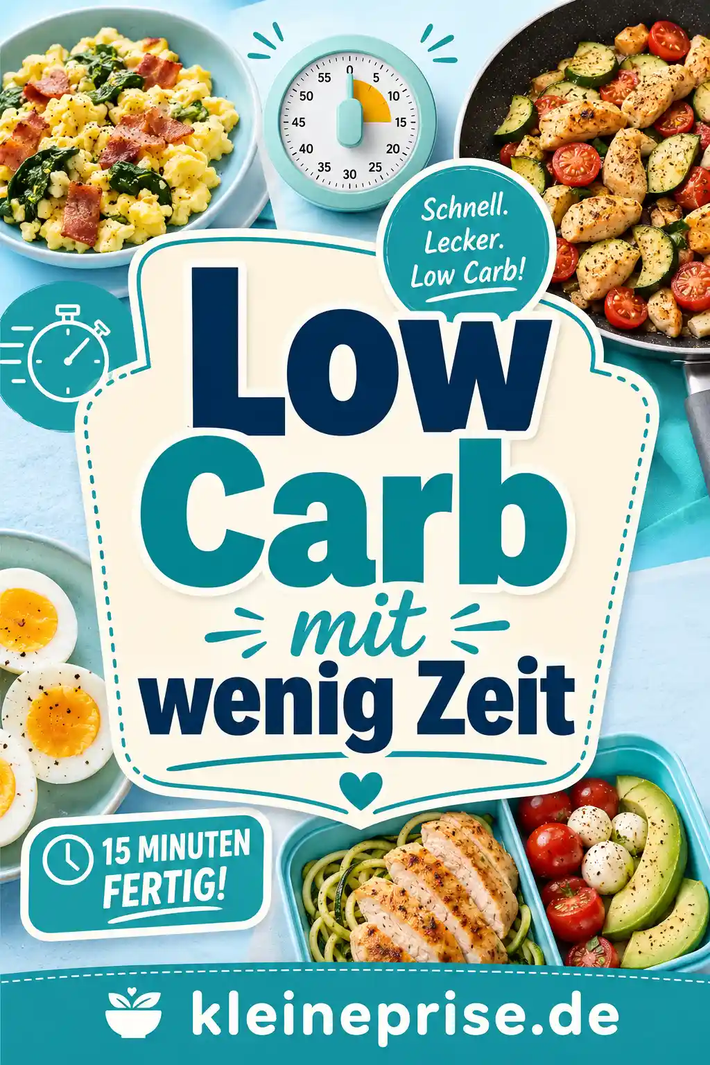 Low Carb mit wenig Zeit – Pinterest Bild Pinterest-Grafik Low Carb mit wenig Zeit mit großem Titel, Timer, Eiern, Quarkbox, Pfanne und Meal-Prep-Box