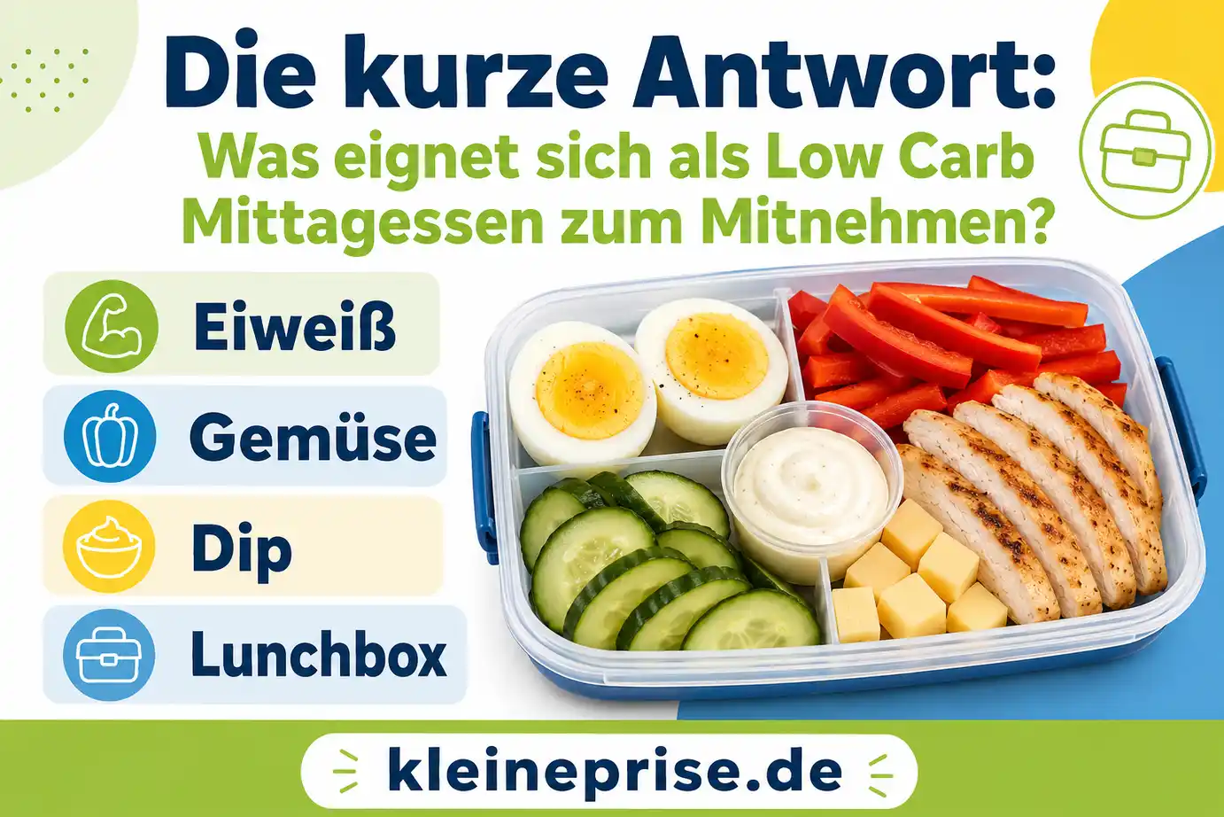 Die kurze Antwort: Was eignet sich als Low Carb Mittagessen zum Mitnehmen? Infografik erklärt, was sich als Low Carb Mittagessen zum Mitnehmen eignet: Eiweiß, Gemüse, Dip und Lunchbox.