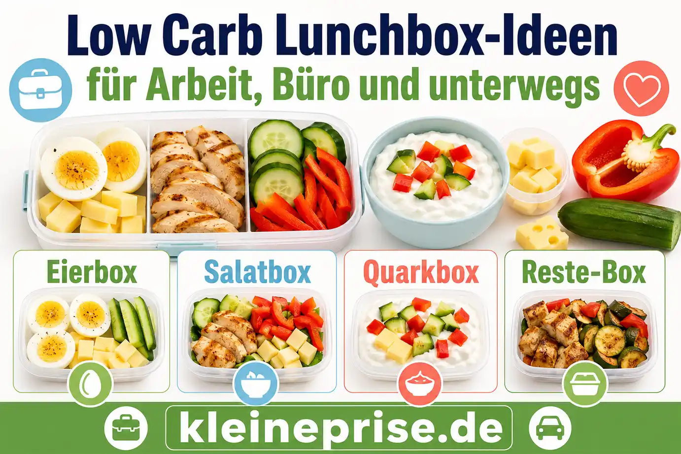 Low Carb Lunchbox-Ideen für Arbeit, Büro und unterwegs Infografik zeigt Low Carb Lunchbox-Ideen für Arbeit, Büro und unterwegs mit Eierbox, Salatbox, Quarkbox und Reste-Box.