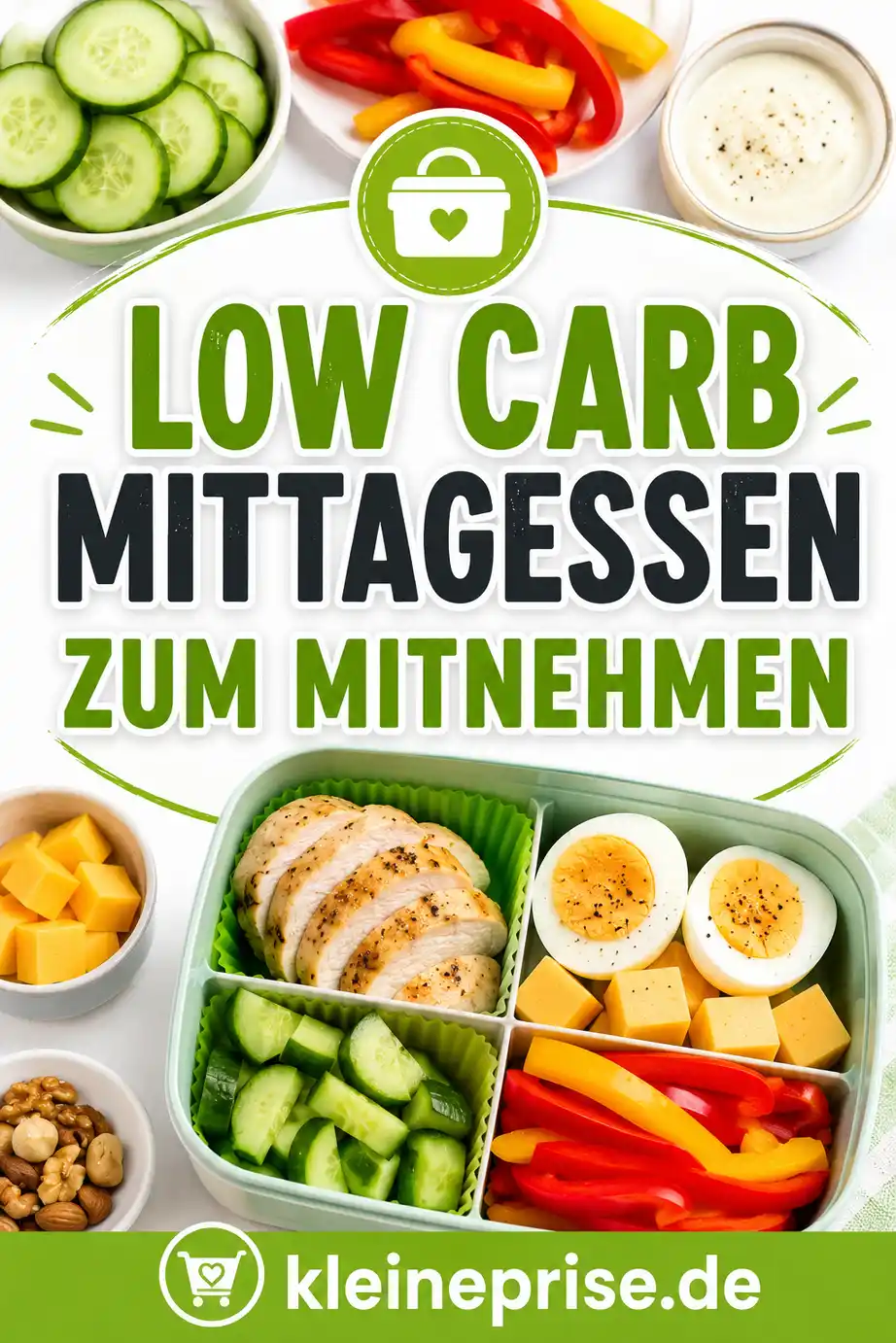 Low Carb Mittagessen zum Mitnehmen Pinterest Pin Pinterest-Grafik mit dem Schriftzug Low Carb Mittagessen zum Mitnehmen, Lunchbox mit Hähnchen, Eiern, Gemüse, Käse und dem Webseitennamen kleineprise.de.