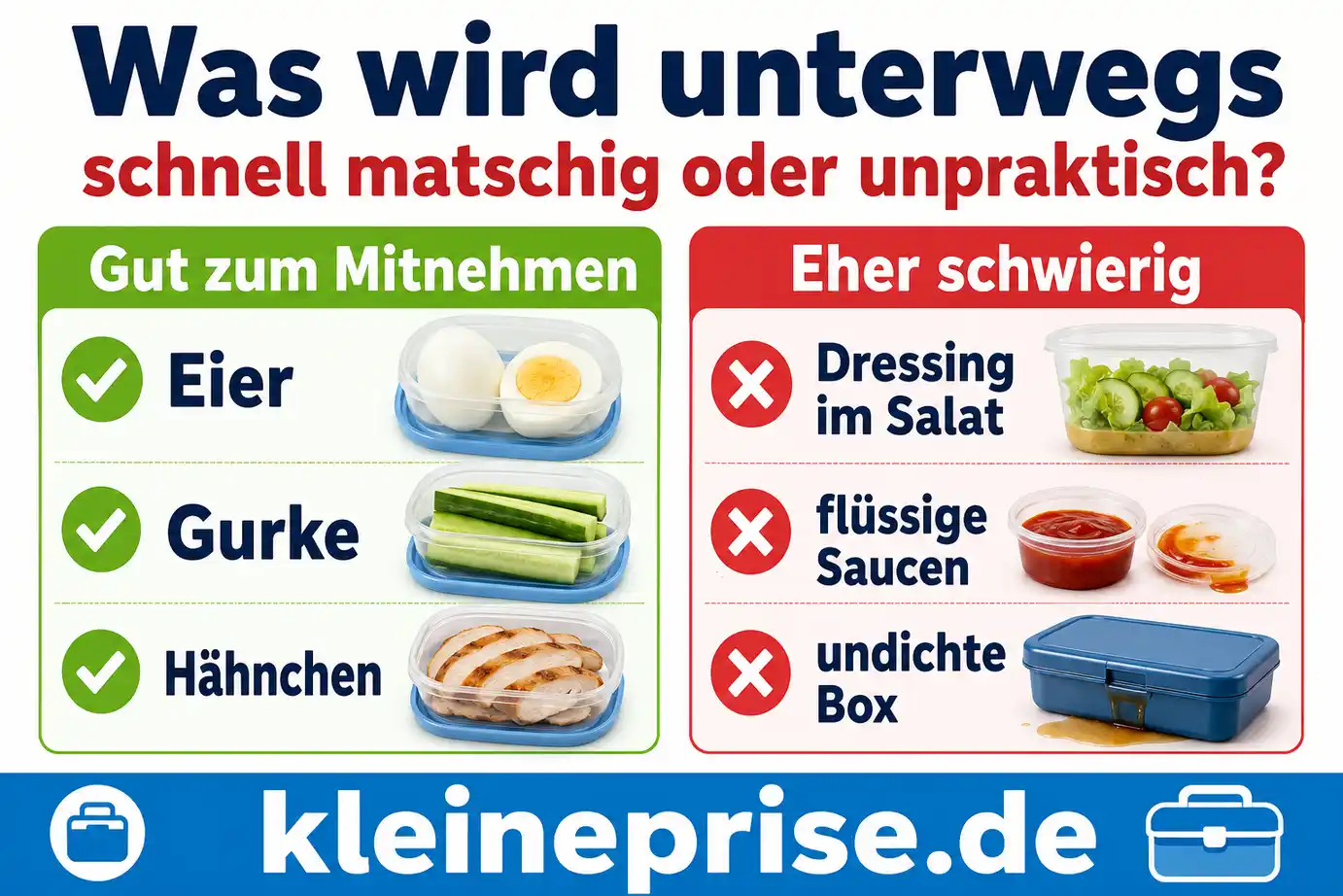 Was wird unterwegs schnell matschig oder unpraktisch? Infografik vergleicht gute Low Carb Lebensmittel zum Mitnehmen wie Eier, Gurke und Hähnchen mit eher unpraktischen Dingen wie Dressing im Salat, flüssigen Saucen und undichten Boxen.