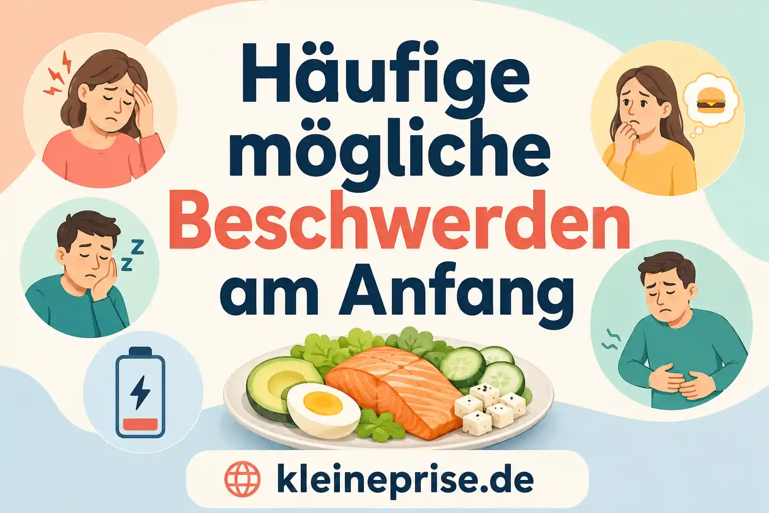 Häufige mögliche Beschwerden am Anfang Infografik zeigt häufige mögliche Beschwerden am Anfang einer Low-Carb-Umstellung.