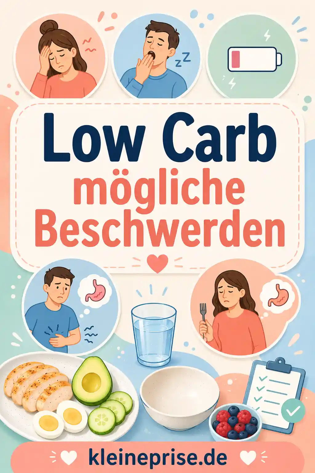 Low Carb mögliche Beschwerden Pinterest Pin Pinterest-Grafik mit dem Schriftzug Low Carb mögliche Beschwerden und dem Webseitennamen kleineprise.de.