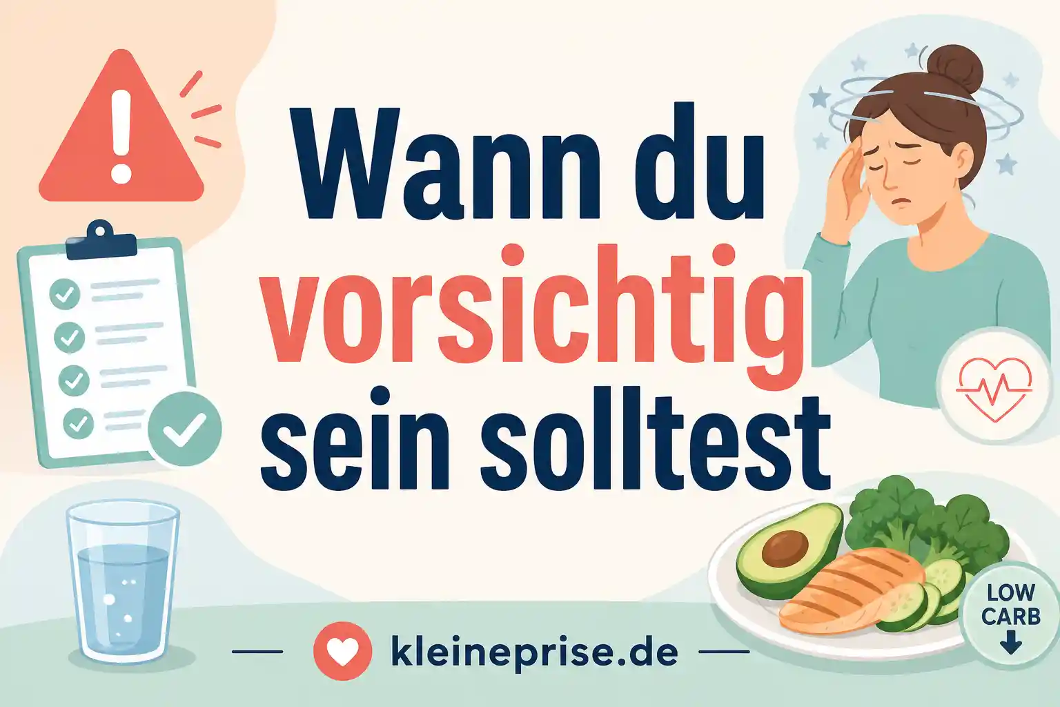 Wann du vorsichtig sein solltest Infografik zeigt, wann man bei möglichen Low-Carb-Beschwerden vorsichtig sein und ärztlich nachfragen sollte.