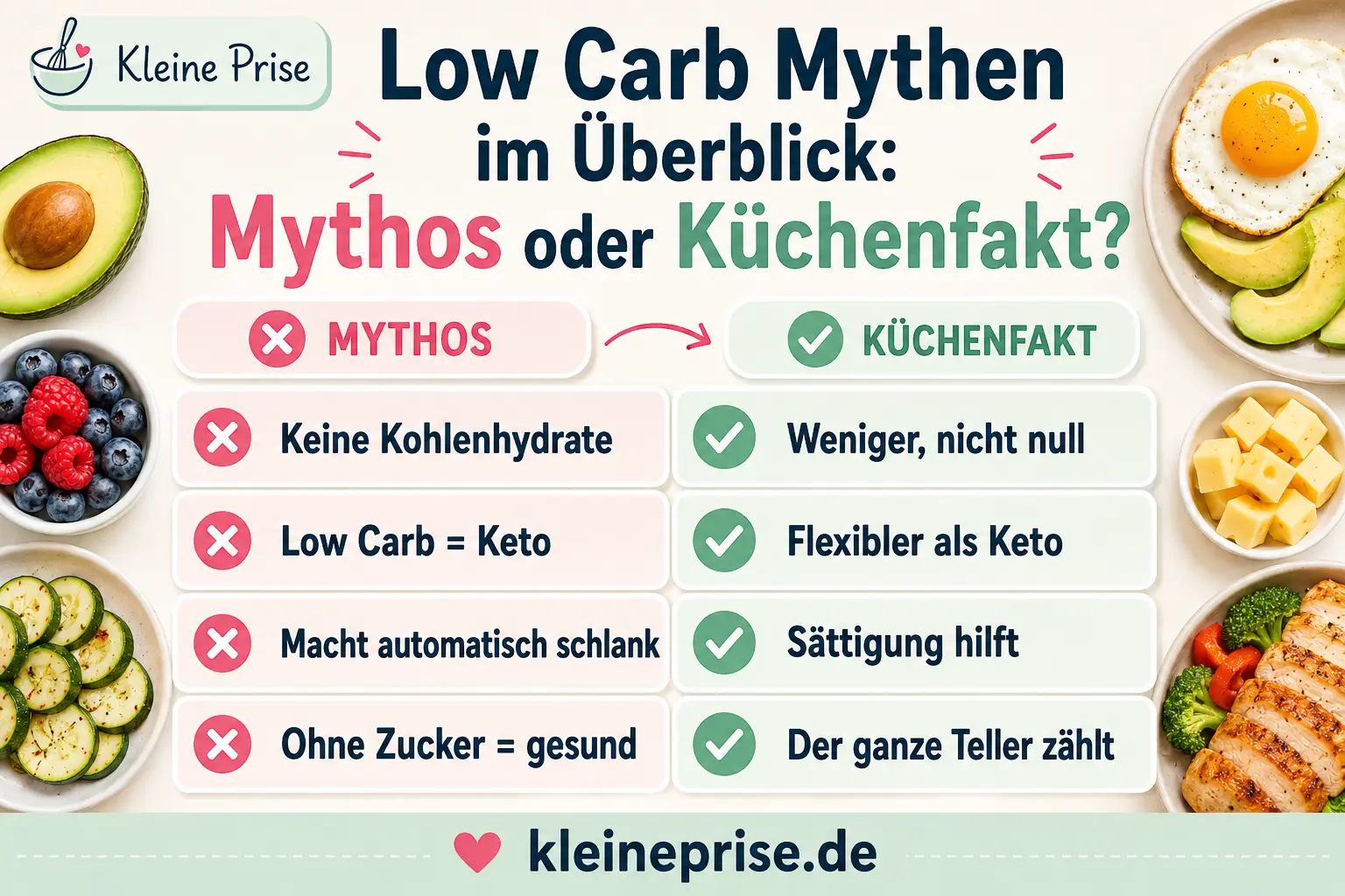 Low Carb Mythen im Überblick Mythos oder Küchenfakt Infografik zeigt Low Carb Mythen im Überblick und vergleicht typische Mythen mit Küchenfakten wie weniger statt null Kohlenhydrate und flexibler als Keto.