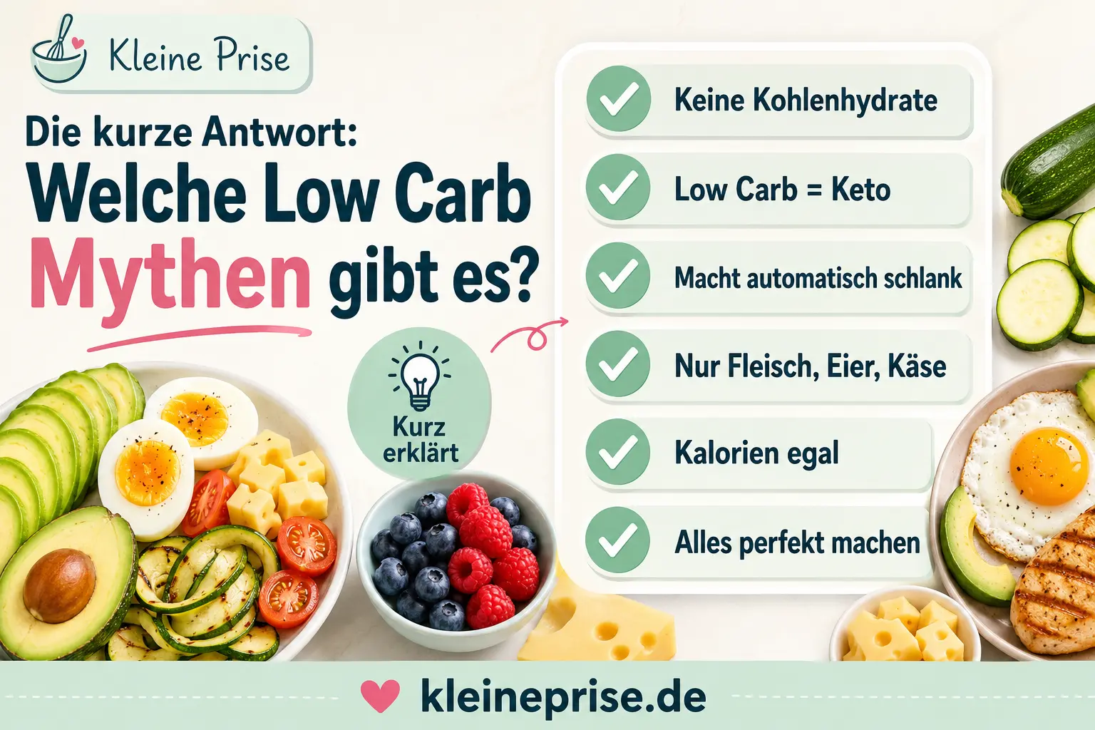 Welche Low Carb Mythen gibt es kurz erklärt Infografik zeigt die kurze Antwort auf die Frage, welche Low Carb Mythen es gibt, zum Beispiel keine Kohlenhydrate, Low Carb ist Keto und Kalorien egal.