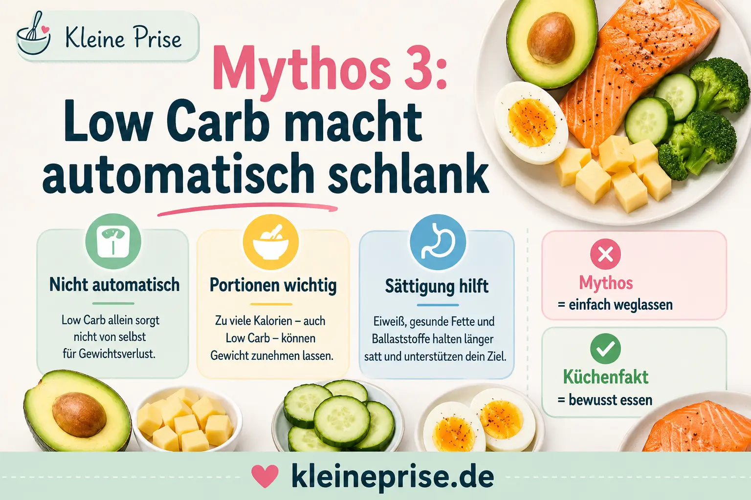 Mythos 3 Low Carb macht automatisch schlank Infografik zeigt Mythos 3 bei Low Carb: Low Carb macht automatisch schlank. Portionsgrößen, Kalorien und Sättigung bleiben trotzdem wichtig.