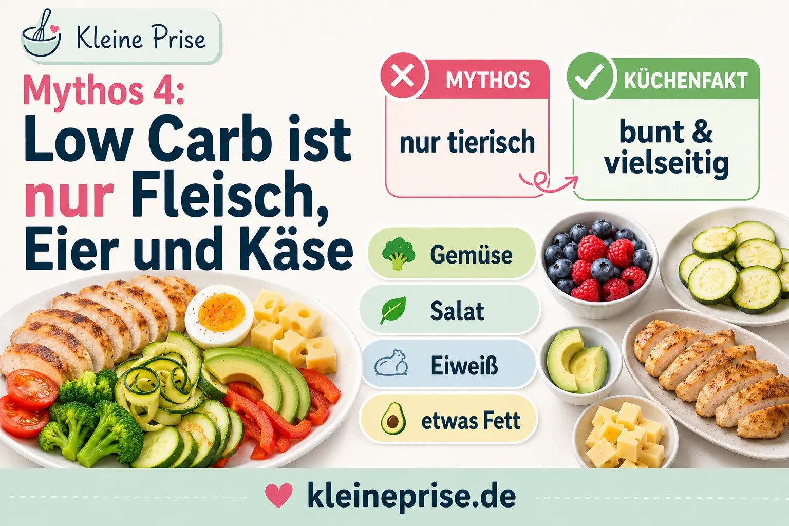Mythos 4 Low Carb ist nur Fleisch Eier und Käse Infografik zeigt Mythos 4 bei Low Carb: Low Carb ist nur Fleisch, Eier und Käse. Der Küchenfakt zeigt bunte und vielseitige Low-Carb-Lebensmittel.