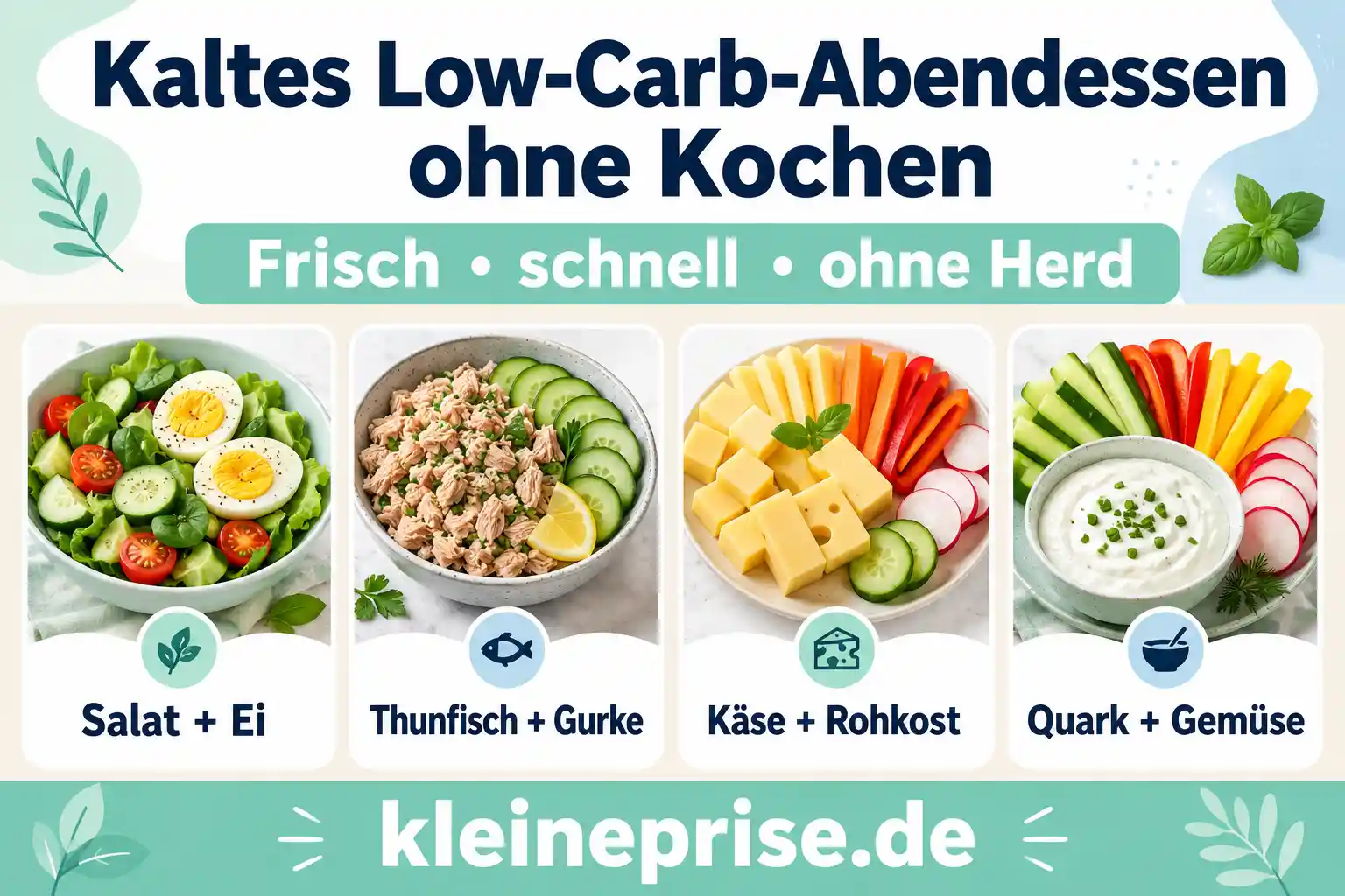 Kaltes Low-Carb-Abendessen ohne Kochen Infografik zeigt kalte Low-Carb-Abendessen ohne Kochen wie Salat mit Ei, Thunfisch mit Gurke, Käse mit Rohkost und Quark mit Gemüse.