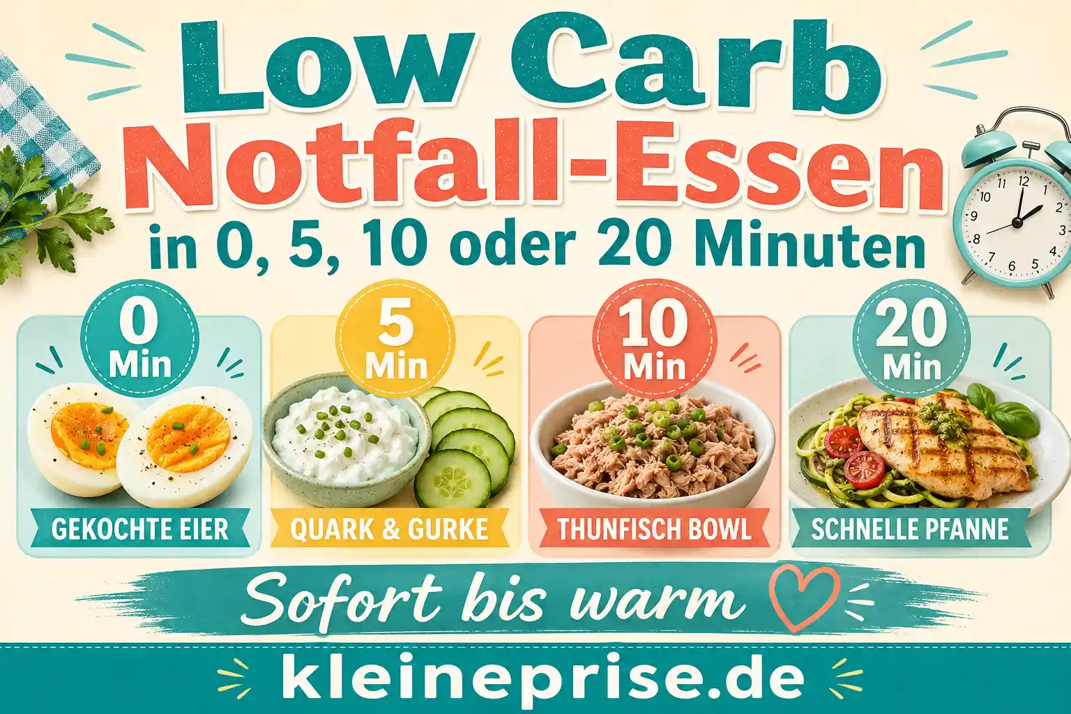 Low Carb Notfall-Essen in 0, 5, 10 oder 20 Minuten Infografik zu Low Carb Notfall-Essen in 0, 5, 10 oder 20 Minuten mit gekochten Eiern, Quark mit Gurke, Thunfisch und schneller Pfanne