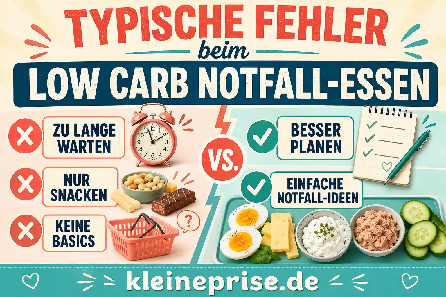 Typische Fehler beim Low Carb Notfall-Essen Infografik mit typischen Fehlern beim Low Carb Notfall-Essen wie zu lange warten, nur snacken und keine Basics im Haus