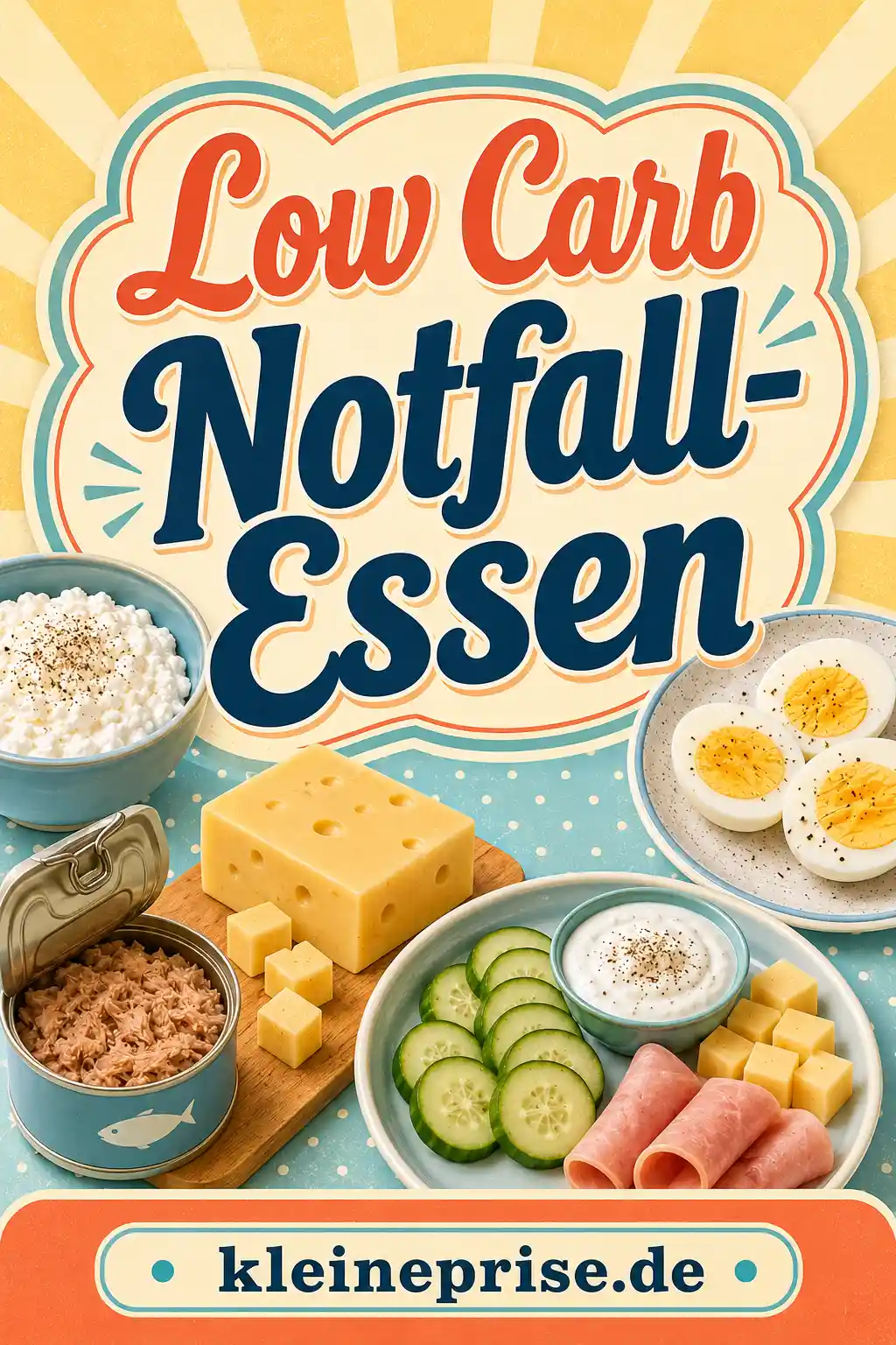 Low Carb Notfall-Essen – Pinterest Bild Pinterest-Grafik zu Low Carb Notfall-Essen mit großem Titel, Eiern, Käse, Gurke, Quark, Thunfisch und schnellen Notfall-Ideen
