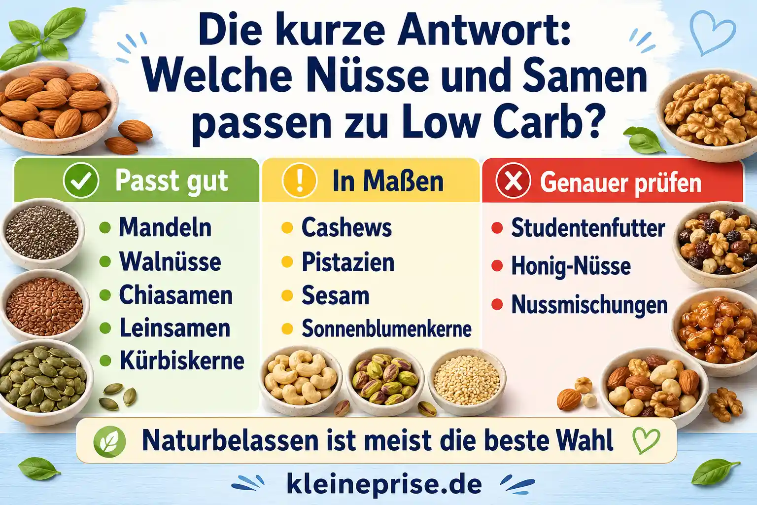 Die kurze Antwort: Welche Nüsse und Samen passen zu Low Carb? Infografik erklärt, welche Nüsse und Samen zu Low Carb passen, welche in Maßen geeignet sind und welche Mischungen genauer geprüft werden sollten.