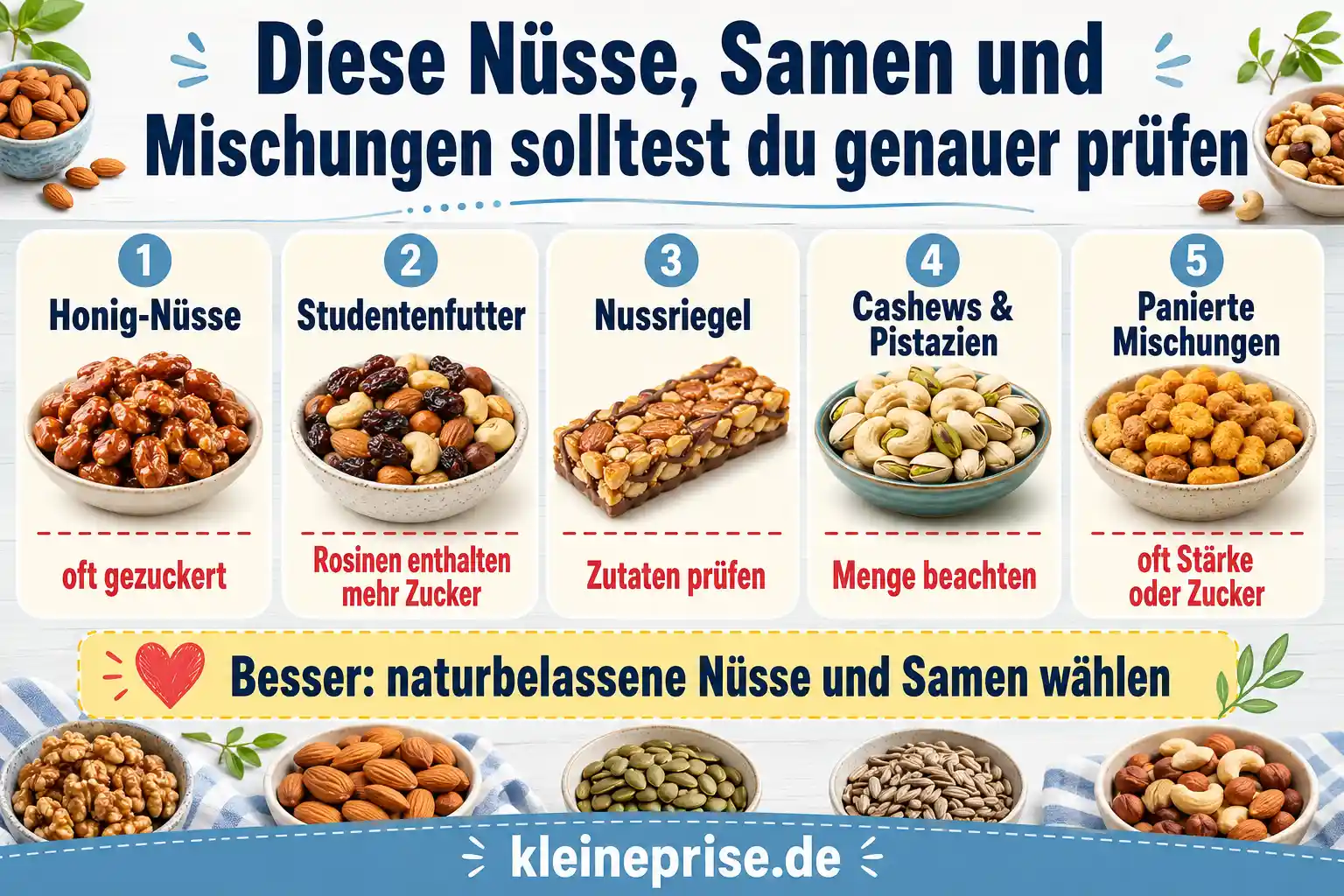 Diese Nüsse, Samen und Mischungen solltest du bei Low Carb genauer prüfen Infografik zeigt Nüsse, Samen und Mischungen, die bei Low Carb genauer geprüft werden sollten, darunter Honig-Nüsse, Studentenfutter, Nussriegel, Cashews, Pistazien und panierte Mischungen.