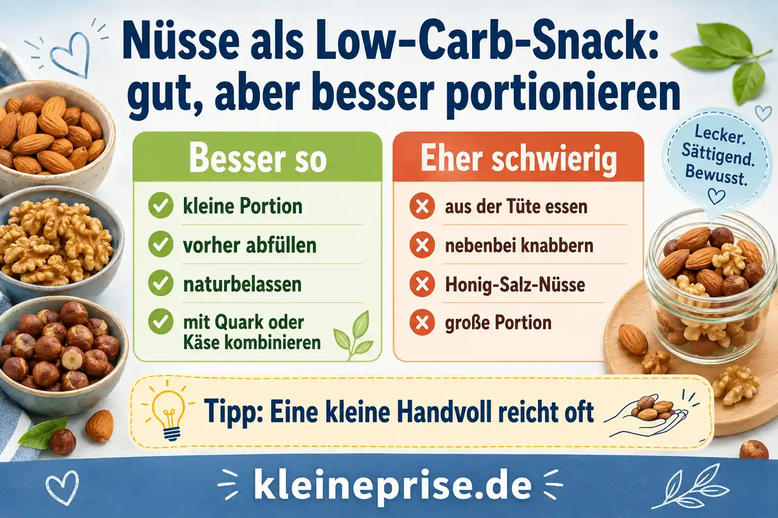 Nüsse als Low-Carb-Snack besser portionieren Infografik zeigt, wie Nüsse als Low-Carb-Snack besser portioniert werden und welche Snack-Gewohnheiten im Alltag hilfreicher sind.